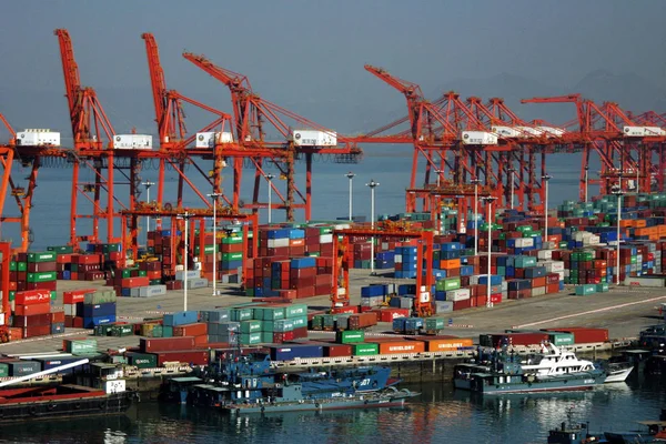 Bir Konteyner Terminali Xiamen Şehir Xiamen Limanı Nda Görülür Güneydoğu — Stok fotoğraf