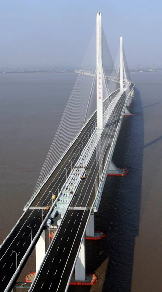 Vista Aérea Ponte Rio Xangai Yangtze Que Liga Ilhas Chongming — Fotografia de Stock