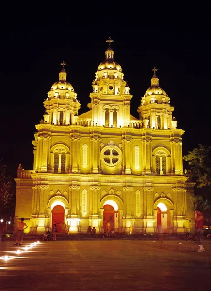 Vista Noturna Catedral Josephs Igreja Oriental Rua Comercial Wangfujing Pequim — Fotografia de Stock