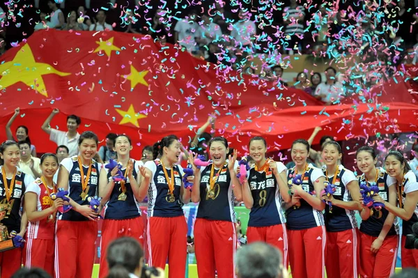 Membros Equipe Nacional Chinesa Voleibol Feminino Campeã Posam Durante Uma — Fotografia de Stock