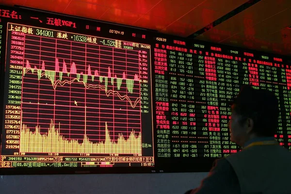 Kínai Részvényes Órák Részvény Árak Piros Zöld Lefelé Nagy Képernyőn — Stock Fotó