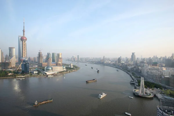 Cityscape Bund Puxi Řece Huangpu Finančním Okrese Lujiazui Orientální Perlou — Stock fotografie