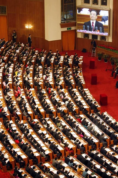 Китайські Делегати Дивляться Екран Який Показує Китайського Прем Міністра Вена — стокове фото