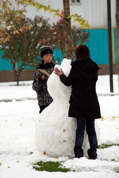 Chinese Burgers Maken Een Sneeuwpop Een Zware Sneeuwval Peking China — Stockfoto