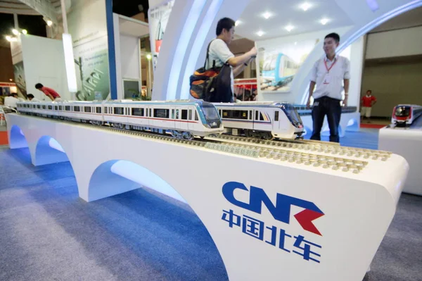 Tåg Modeller Ses Montern Kina Cnr Corporation Limited Utställning Peking — Stockfoto