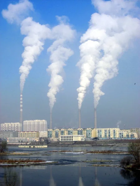 Fumaça Vista Emitida Por Chaminés Cidade Jilin Nordeste Província Chinas — Fotografia de Stock