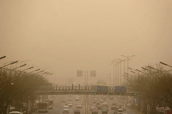 Vista Del Tráfico Medio Una Tormenta Arena Beijing Marzo 2008 —  Fotos de Stock