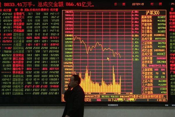 Китайський Акціонер Йде Великому Екрані Зазначенням Ціни Акцій Червоний Ціни — стокове фото