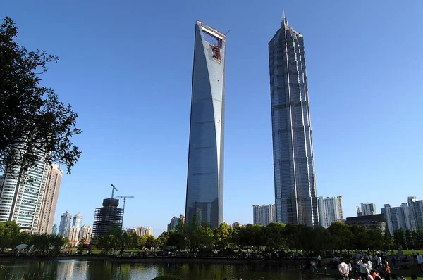 Vista Torre Financiera Mundial Shanghai Izquierda Torre Jinmao Distrito Financiero — Foto de Stock