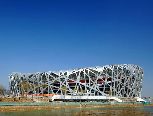 Utsikt Över Nationalstadion Känd Som Birds Nest Uppbyggnad Peking Mars — Stockfoto