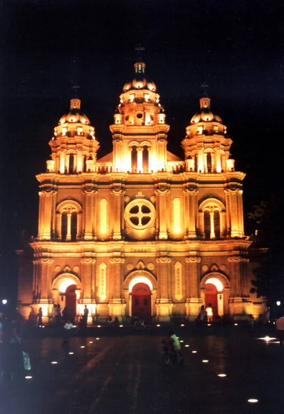 Vue Nuit Cathédrale Saint Joseph Église Est Sur Rue Commerçante — Photo