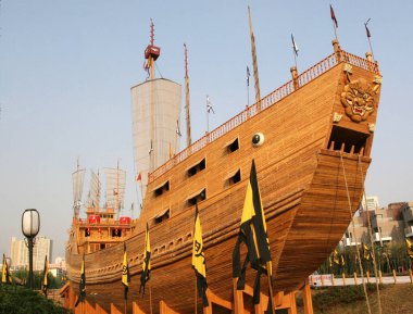 Replica of  Zheng He Ship nears completion to commemorate Zheng Hes first voyage expedition to the West in Nanjing, east Chinas Jiangsu province, September 21, 2006. clipart