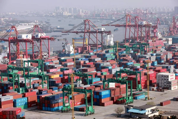 Uitzicht Een Container Terminal Van Haven Van Shanghai Langs Huangpu — Stockfoto