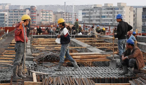 Travailleurs Migrants Chinois Sur Chantier Construction Dalian Province Liaoning Dans — Photo