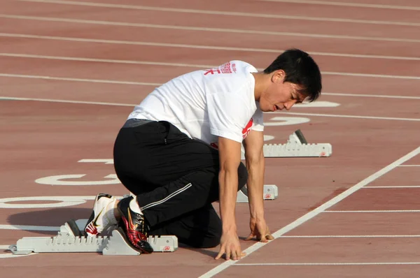 Corredor Chino Liu Xiang Visto Durante Una Sesión Entrenamiento Olympic — Foto de Stock