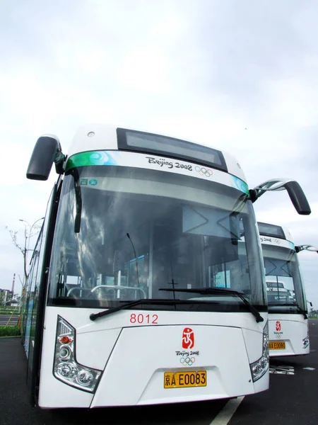 Vista Los Autobuses Eléctricos Batería Ion Para Los Juegos Olímpicos —  Fotos de Stock