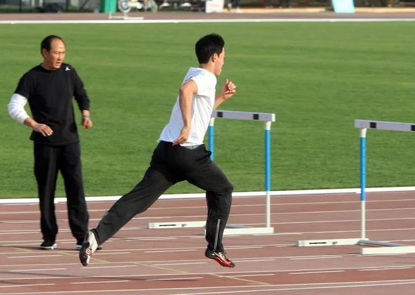 Kínai Atléta Liu Xiang Látható Egy Edzés Során Olimpiai Sportközpont — Stock Fotó