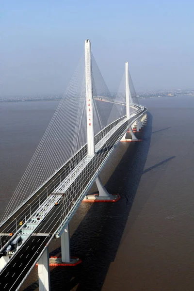 Luchtfoto Van Shanghai Yangtze River Bridge Die Links Chongming Changxing — Stockfoto