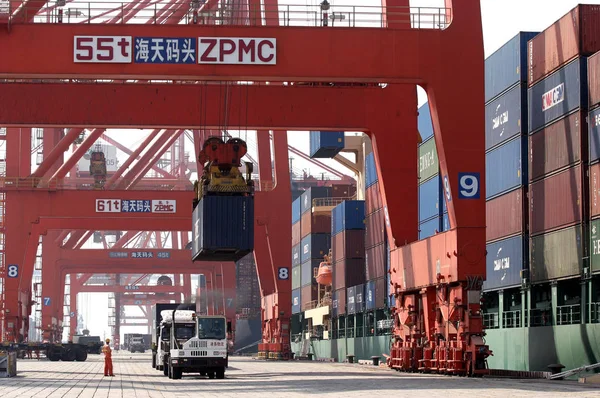 Containers Worden Gezien Een Container Terminal Haven Van Xiamen Xiamen — Stockfoto