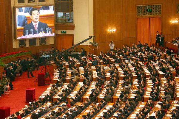 Китайські Представники Дивляться Великий Екран Час Цзя Цинлін Член Постійного — стокове фото