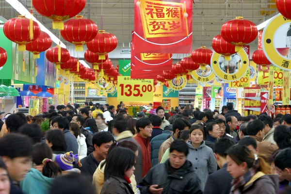Tłumy Ludzi Zakupy Supermarketach Carrefour Szanghaju — Zdjęcie stockowe