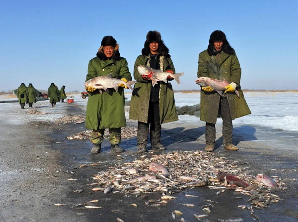 Pescatori Cinesi Mostrano Pesci Appena Catturati Lago Ghiacciato Nella Contea — Foto Stock