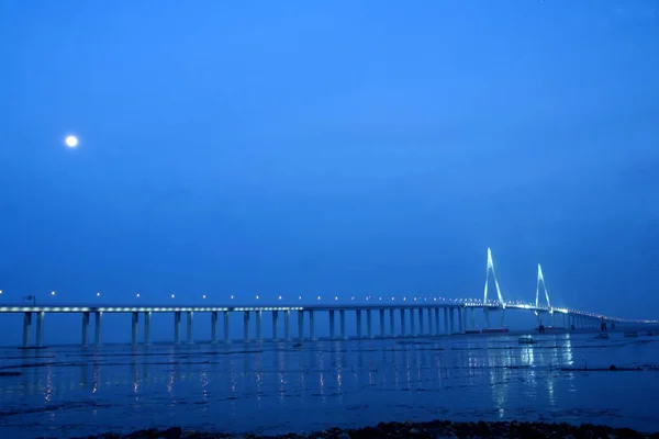 Ночной Вид Мост Через Залив Ханчжоу Восточной Части Провинции Чжэцзян — стоковое фото