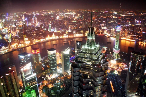 Vista Nocturna Puxi Río Huangpu Torre Oriental Pearl Torre Jinmao —  Fotos de Stock