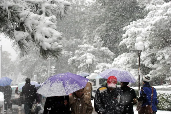 Chinese Burgers Lopen Langs Bomen Bedekt Met Sneeuw Een Zware — Stockfoto