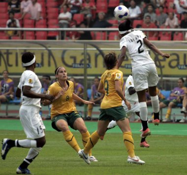 Aminatu Ibrahim of Ghana, right, jumps to head the ball over Caitlin Munoz, second left, and Sarah Walsh, second right, of Australia during a Group C match of the 2007 FIFA Womens World Cup in Hangzhou, east Chinas Zhejiang province 12 September 2007 clipart