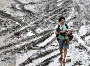 A Taiwanese woman holds her pet dogs in arms through a muddy street after heavy rains caused by Typhoon Morakot in Taichung, Taiwan, Monday, August 10, 2009 clipart