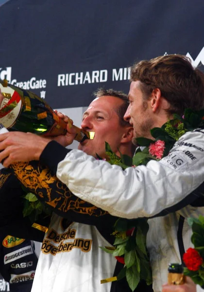 Sette Volte Campione Del Mondo Formula Michael Schumacher Beve Champagne — Foto Stock