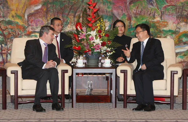 Британський Прем Гордон Браун Зустрічається Shanghai Mayor Han Zheng Стані — стокове фото