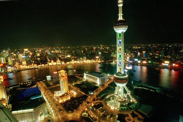 Vista Nocturna Del Distrito Financiero Lujiazhui Con Oriental Pearl Tower — Foto de Stock