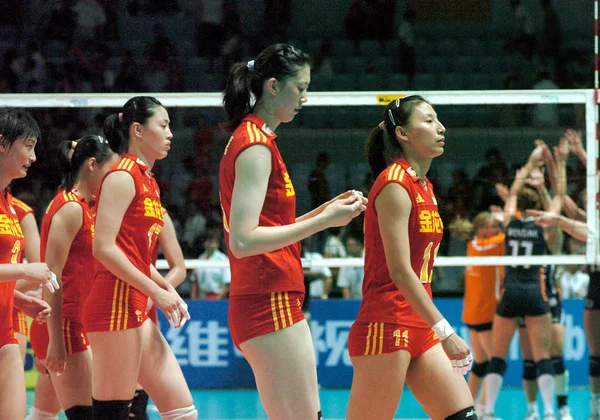 Jogadoras Chinesas Durante Uma Partida Entre Equipes Nacionais Voleibol Feminino — Fotografia de Stock