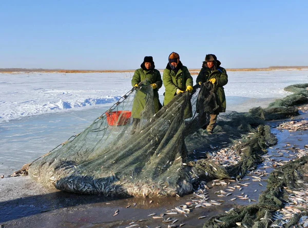 中国の漁師は 2009年12月18日 中国黒龍江省北東部 大慶市のデュアルボテ郡の凍った湖に網を引っ張る — ストック写真