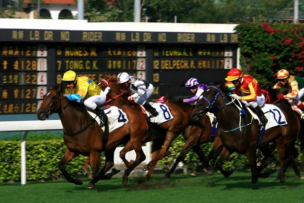 Jockeys Compete Horse Race Happy Valley Racecourse Hong Kong May Stock Picture