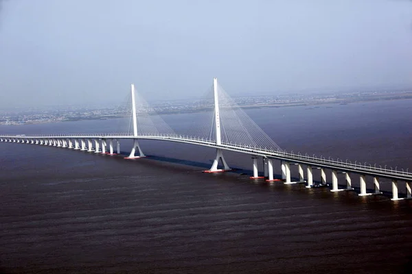 Aerial View Shanghai Yangtze River Bridge Which Links Chongming Changxing — Stock Photo, Image