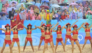 Cheerleaders perform during the final of womens beach volleyball between USA and China, at Beijing 2008 Olympic Games, at Beijings Chaoyang Park Beach Volleyball Ground, in Beijing, August 21, 2008. clipart