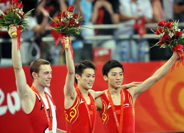 Esquerda Medalhista Prata Jason Burnett Canadá Medalhista Ouro Chunlong China — Fotografia de Stock