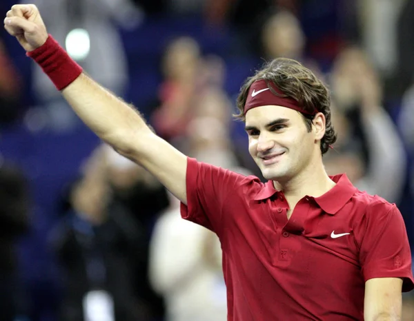 Roger Federer Suíça Comemora Depois Derrotar David Ferrer Espanha Durante — Fotografia de Stock
