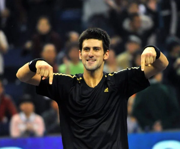 Novak Djokovic Serbie Célèbre Victoire Sur Nikolay Davydenko Russie Finale — Photo