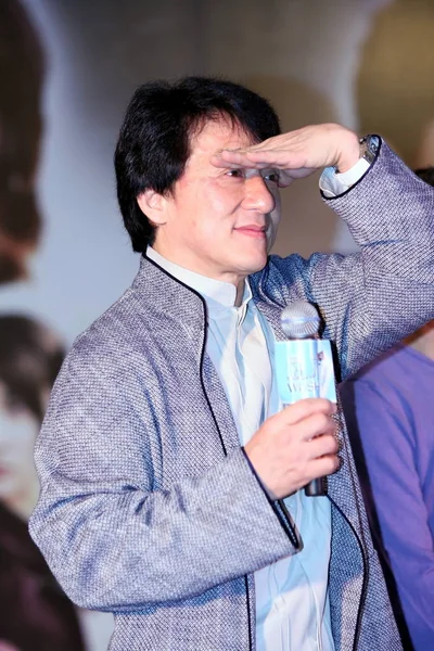 Kungfu Hollywoodská Hvězda Jackie Chan Tiskové Konferenci Filmu Wushu Pekingu — Stock fotografie
