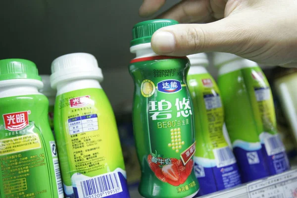 Bottles Danone Bright Dairy Yoghurt Seen Sale Supermarket Shanghai March — Stock Photo, Image