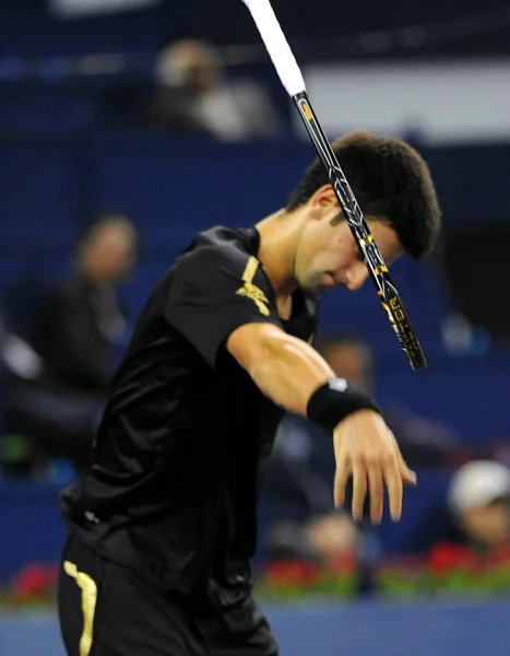 Novak Djokovic Sérvia Joga Fora Sua Raquete Depois Perder Ponto — Fotografia de Stock