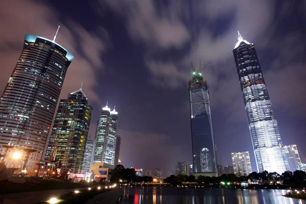 Night View Lujiazui Shanghai World Financial Center Tower Second Right — Stock Photo, Image