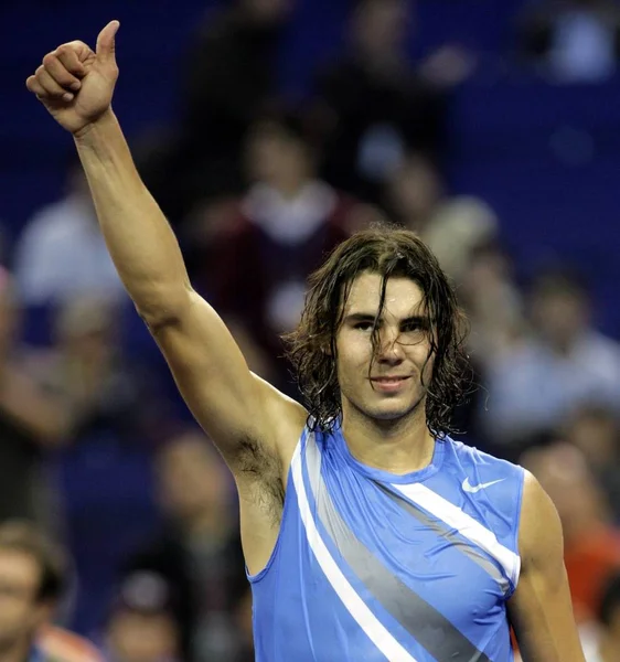 Rafael Nadal Espanha Comemora Depois Derrotar Novak Djokovic Sérvia Durante — Fotografia de Stock