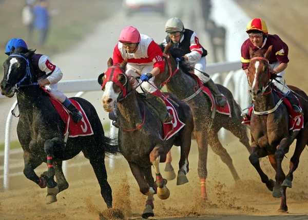 騎手は 第10回中国フラットレーストーナメント2008で 武漢市中央中国湖北省のオリエントラッキーシティ競馬場で競います 月2008 — ストック写真