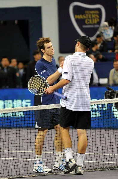 Andy Murray Great Britain Links Schüttelt Andy Roddick Der Vereinigten — Stockfoto