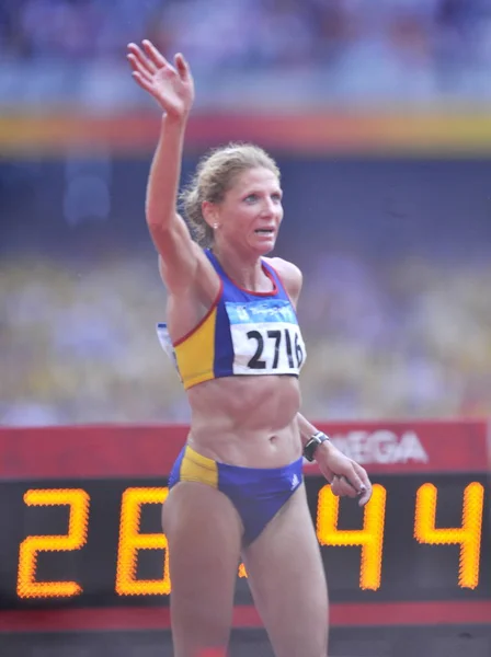 Constantina Tomescu Romania Waves Spectators Winning Womens Marathon Beijing 2008 — Stock Photo, Image